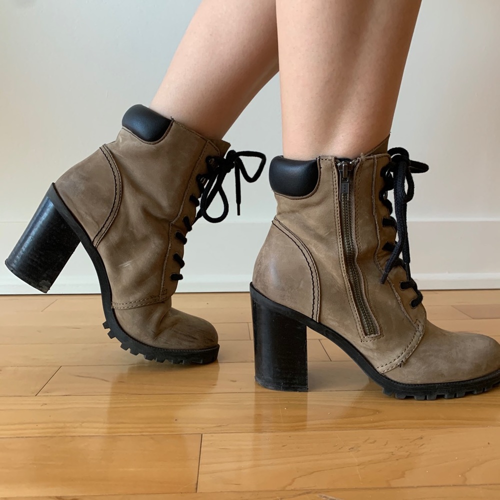 Block Heel Genuine Suede Nude and Black Booties